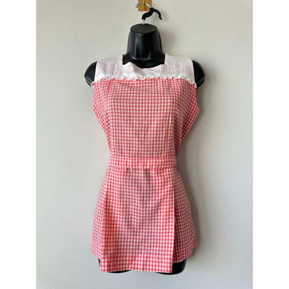 Vintage 1960s Pink Orange White Gingham Apron Smock Eyelet Trim Handmade Tunic S